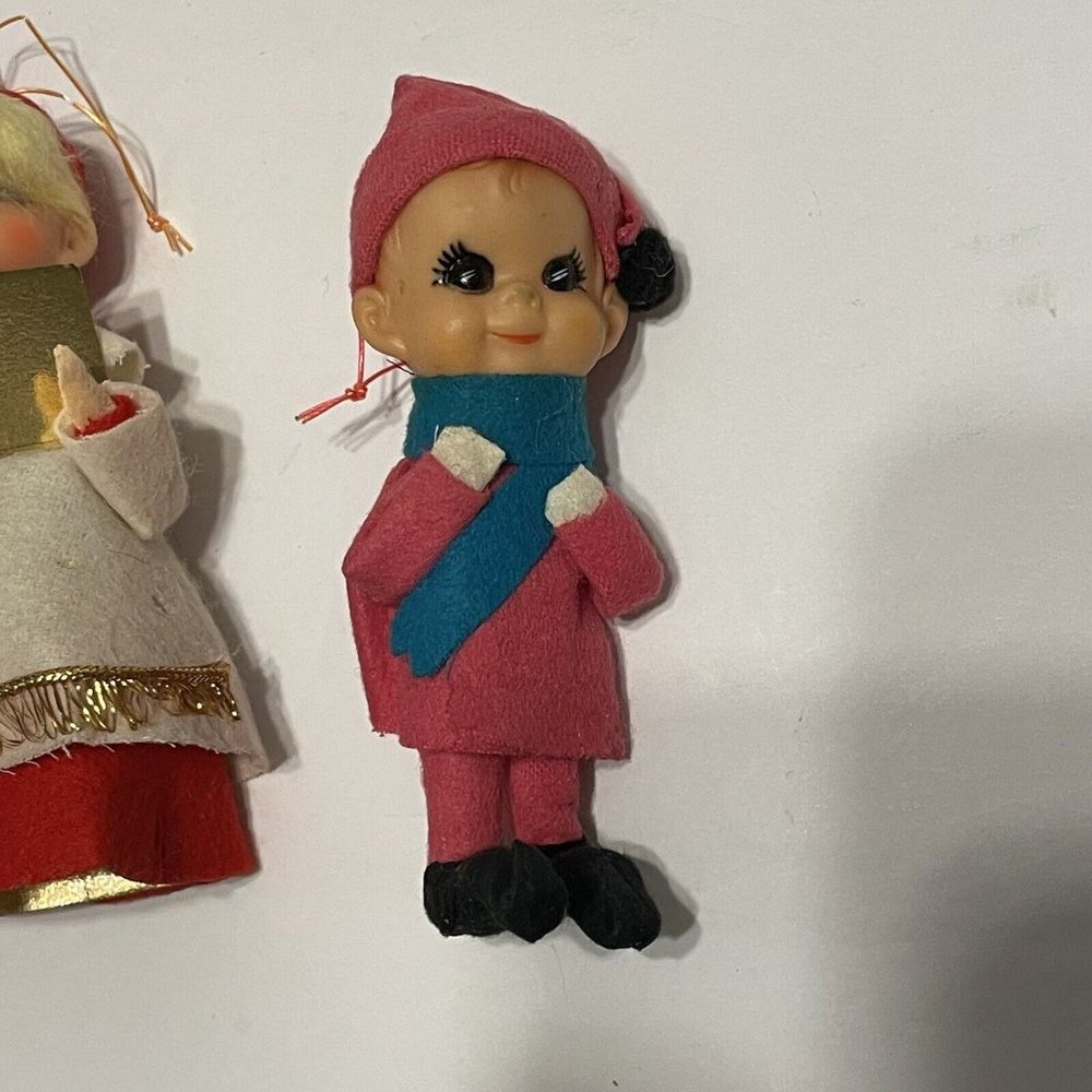 3- VINTAGE CHRISTMAS Ornaments PIXIE ELF KNEE HUGGERS Choir Rubber Face Japan - Picture 3 of 11